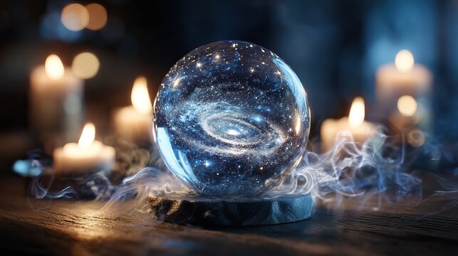 Tarot cards, candles, and crystals arranged for mystical divination