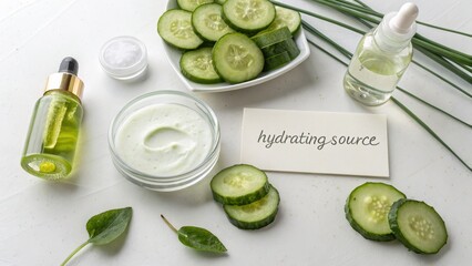 Fresh cucumber slices with extract and cream on a white table