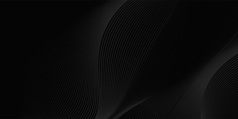 Black abstract background design. Modern wavy line pattern in monochrome colors. Premium stripe texture for banner, business backdrop. Dark horizontal vector template