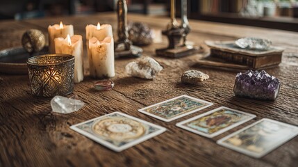 Tarot cards, candles, and crystals arranged for mystical divination