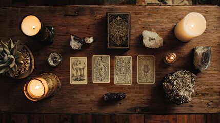 Tarot cards, candles, and crystals arranged for mystical divination