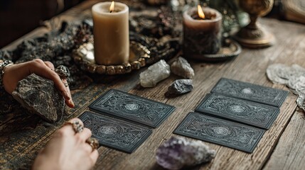 Tarot cards, candles, and crystals arranged for mystical divination