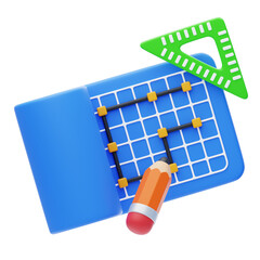 Blue Blueprint with Grid and Yellow Dots Being Drawn by Orange Pencil with Green Triangle Ruler Above on Transparent Background