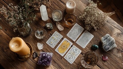 Mystic fortune teller reading glowing crystal ball and tarot cards by candlelight