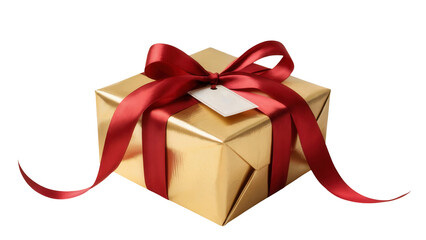 A golden wrapped gift box with a bright red satin ribbon and bow a small white gift tag attached isolated on transparent background
