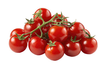 A cluster of ripe, red cherry tomatoes.  Brightly colored, small, round tomatoes, with green stems, are tightly grouped.  Isolated on a black background