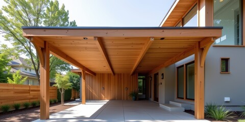 Fototapeta premium Modern wooden carport with sleek architectural design and surrounding greenery.