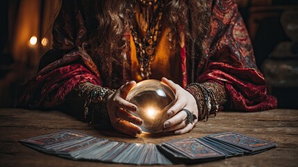 Mystic fortune teller reading glowing crystal ball and tarot cards by candlelight