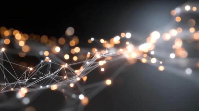 Visualization of digital neural network with 3D floating nodes and energetic data flows, representing AI decision-making, deep learning algorithms, computational intelligence, and futuristic