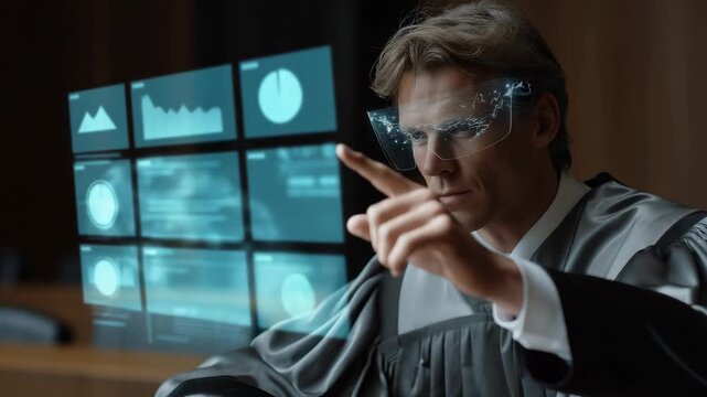 A judge employs an AI-based jurisprudence engine that visualizes case outcomes holographically, reflecting advanced analytics, fairness, and the evolution of digital law.