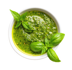 Overhead view of vibrant green pesto in a white bowl, garnished with fresh basil leaves