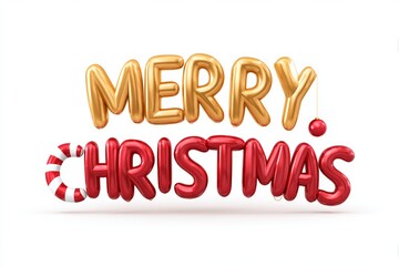Festive merry christmas balloon letters with candy cane and ornament on white background.
