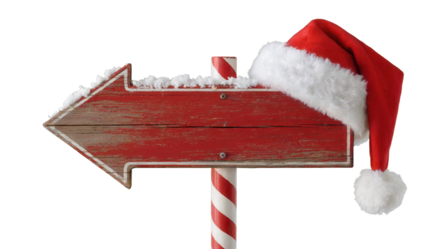 Rustic red wooden arrow signpost adorned with fluffy white snow and a festive santa hat pointing left isolated on transparent background
