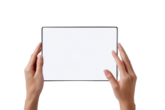 Hands holding a blank tablet.  Empty screen.  Neutral light.  Studio shot