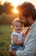 Fototapeta premium Happy baby smiles as father kisses forehead outdoors. Golden sunset light illuminates father holding little child. Warm bond shown in this family moment.
