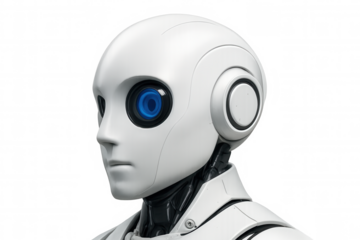 White humanoid robot head with blue eye looking left, artificial intelligence concept on transparent background
