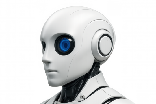 White humanoid robot head with blue eye looking left, artificial intelligence concept on transparent background