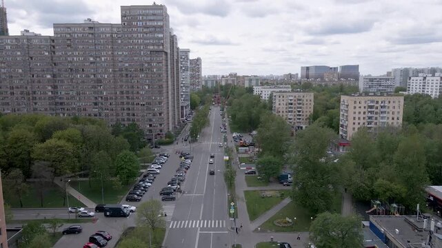 Russia Moscow. A modern microdistrict on the outskirts of Moscow, the capital of Russia, from a bird's eye view. Panoramic top view of modern apartment buildings, highways, streets and squares.