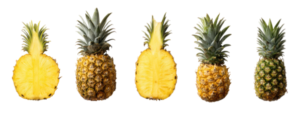 Five pineapples, whole and sliced, showing various stages of ripeness