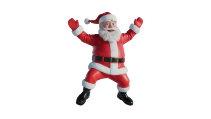 Joyful santa claus character in a red suit with white trim and hat arms raised in celebration isolated on transparent background