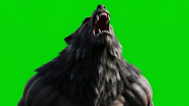 A ferocious, muscular werewolf roars with its mouth wide open, baring sharp fangs against a green screen background.