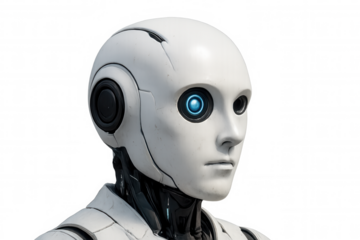 White humanoid robot head with glowing blue eye looking forward on transparent background, artificial intelligence concept