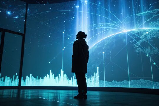 Silhouette of person observing projected holographic display