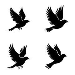 Vector art of four black silhouette icons of birds in flight