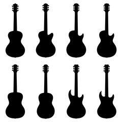 Naklejka premium Vector art of collection of eight black acoustic guitar silhouettes