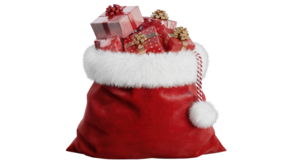Abundant red santa claus sack overflowing with beautifully wrapped christmas presents and gifts isolated on transparent background