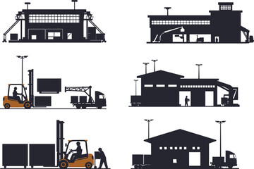 Warehouse silhouette, forklift, industrial building, logistics, transportation, cargo handling, black and white, delivery truck, worker, factory exterior, loading dock, storage facility