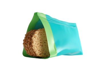 Teal and light green reusable food bag with a light brown snack inside