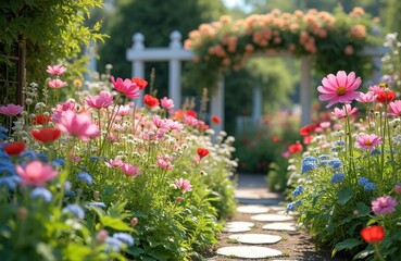 Colorful flower garden scene with various blossoms in full bloom. Pink red and blue flowers line a stone pathway leading to a decorative arch. Green leaves and sunlight create a beautiful landscape.