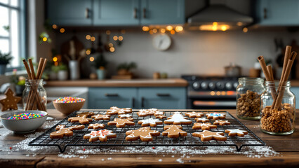 Decorating homemade Christmas gingerbread cookies with icing and sprinkles