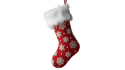 A festive red christmas stocking adorned with sparkling snowflake patterns and a plush white faux fur trim isolated on transparent background