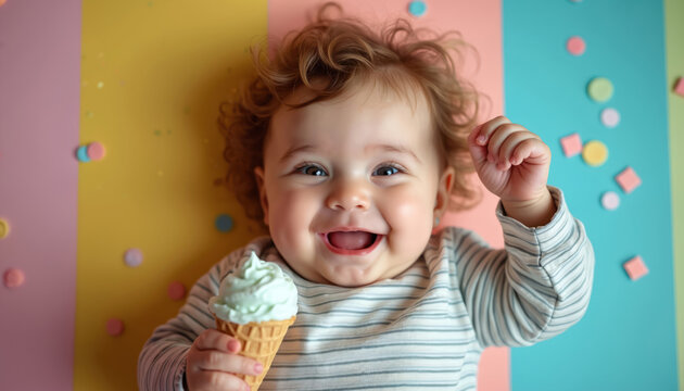 Baby boy laughs holding ice cream cone. Chubby cheeks smile, eyes sparkle. Curly hair, striped shirt, colorful background. Joyful toddler enjoys sweet treat, pure happiness.