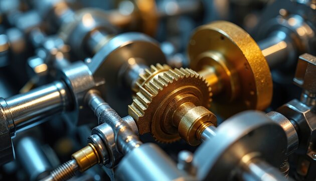 Intricate metal gears, shafts mesh together in complex mechanical assembly. Precision machined parts create smooth, dynamic, industrial machine operation. Detailed view shows precision engineering,