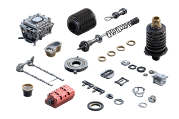 Assorted automotive components, various shapes and sizes, displayed against a black background.  Metal, plastic, and rubber parts. 
