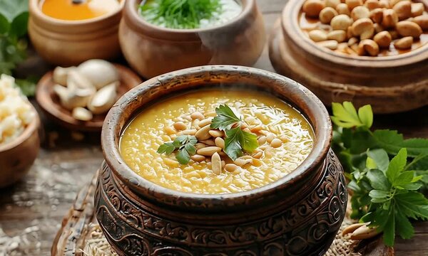 Warm Hearty Lentil Soup with Pine Nuts and Fresh Parsley, Delicious Meal.