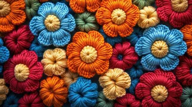 Crochet flower pattern background, vibrant colors, close-up