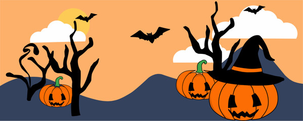Halloween Pumpkin Illustration with Witch Hat and Dark Tree Silhouette