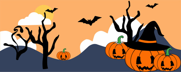 Halloween Pumpkin Illustration with Witch Hat and Dark Tree Silhouette