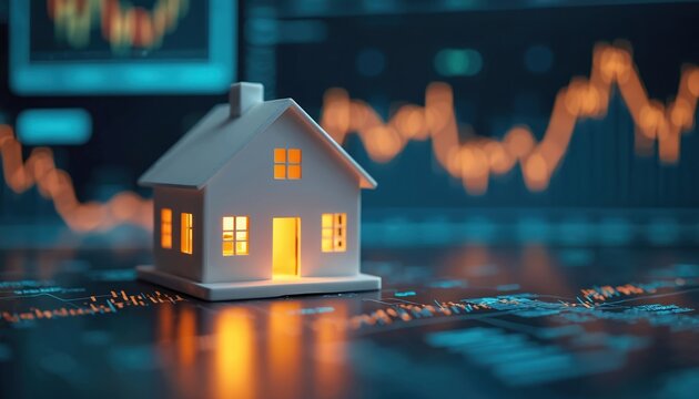 White house model sits on digital screen. Glowing financial graphs show real estate market growth, investment trends, home finance, property tech, economy analysis. Image smart money management.