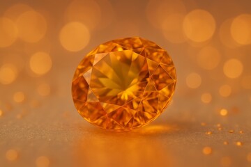 Radiant Gemstone: A captivating orange gemstone, meticulously faceted to capture and reflect light, sits on a warm, golden background. It's a symbol of luxury, beauty, and rare treasure.