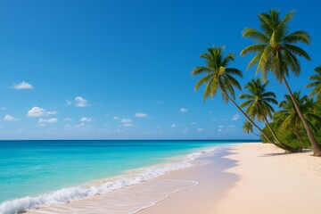 Azure Paradise: A pristine beach scene featuring gentle waves caressing a sandy shore, complemented by the swaying elegance of palm trees and an expansive blue sky.