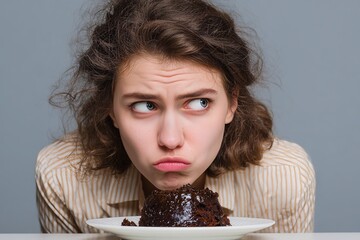 Young woman making a pouty face at an unappealing chocolate cake, conveying dissatisfaction and disappointment.
