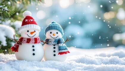 Fototapeta premium Joyful snowmen embracing winter wonderland outdoor snowy landscape festive holiday scene cheerful atmosphere close-up view seasonal magic