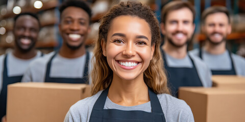 Diverse logistics workers team smiling in warehouse