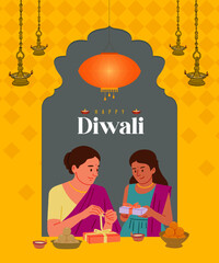Diwali festival banner design with mother and daughter celebrating Diwali festival vector illustration 