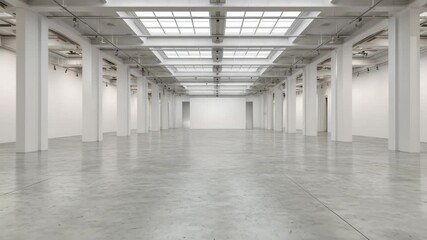 Spacious White Industrial Hall with Concrete Floor and Skylights in a Warehouse Setting with Steel Beams and Support Columns Under Bright Ambient Lighting In Neutral Tones - Powered by Adobe